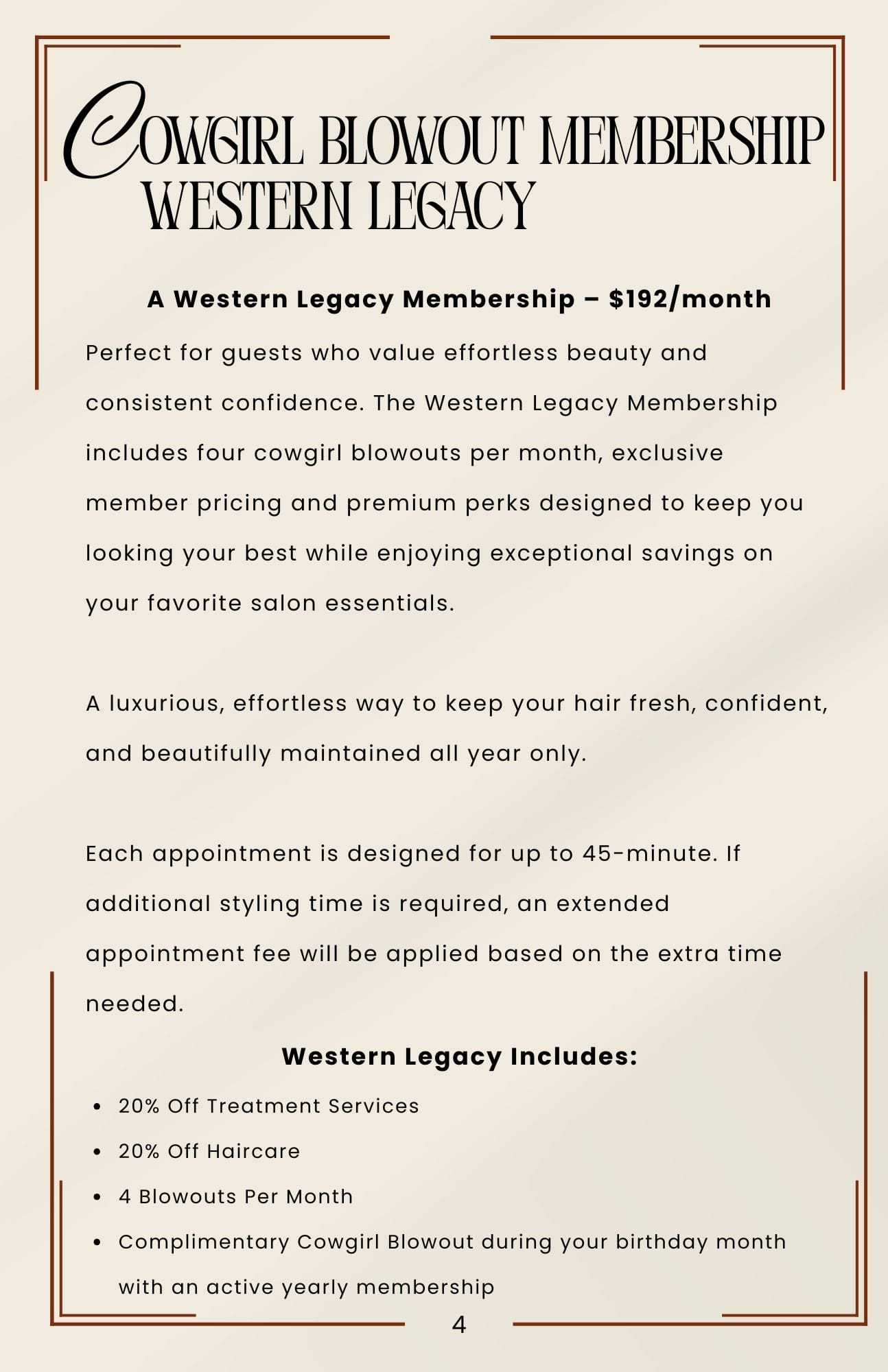 Cowgirl Blowout Membership details. $192/month. Includes four blowouts, perks, and discounts.