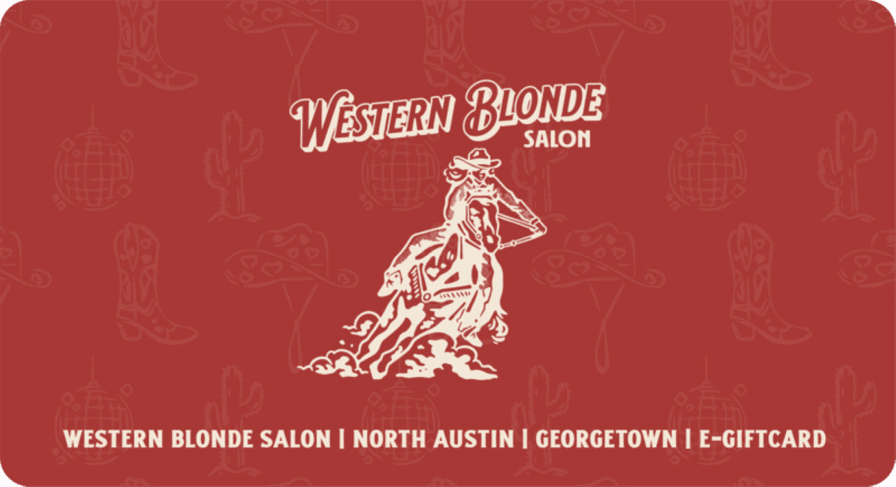 Western Blonde Salon gift card with cowboy and desert motifs.
