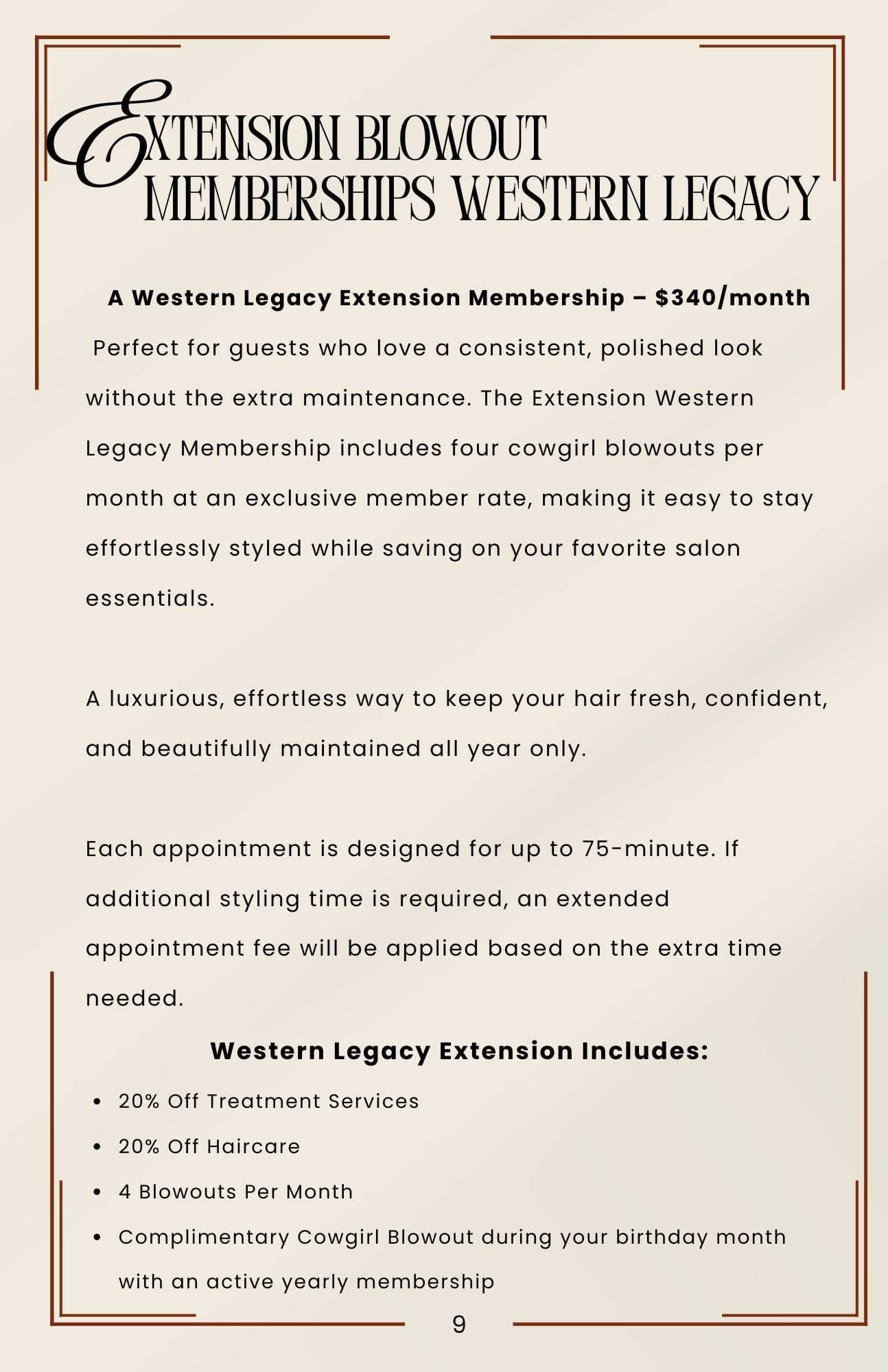 Extension membership services with 4 monthly blowouts, discounts, and a birthday blowout offer.
