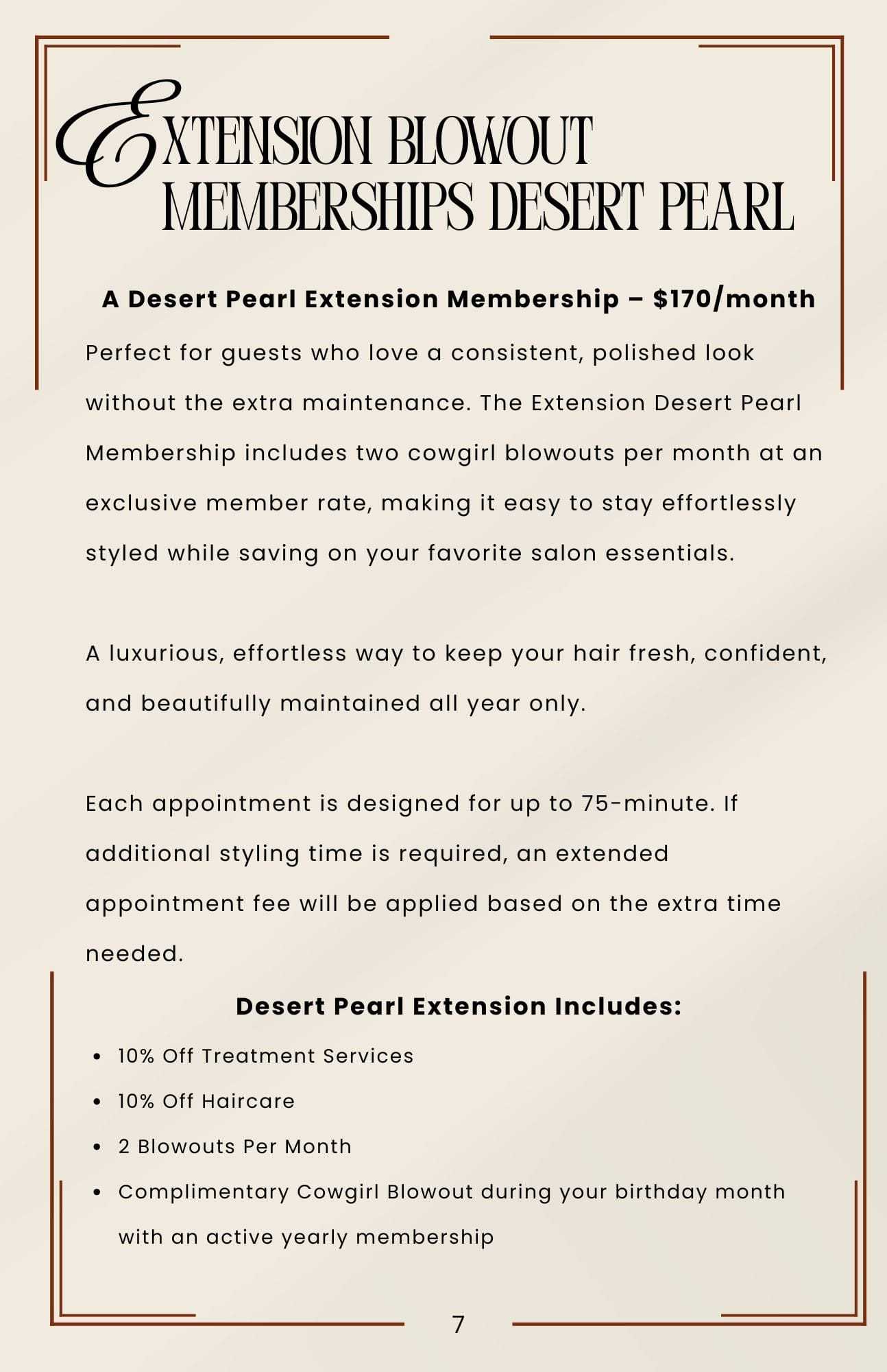 Extension membership details: $170/month, monthly blowouts, discounts on treatments, added benefits.