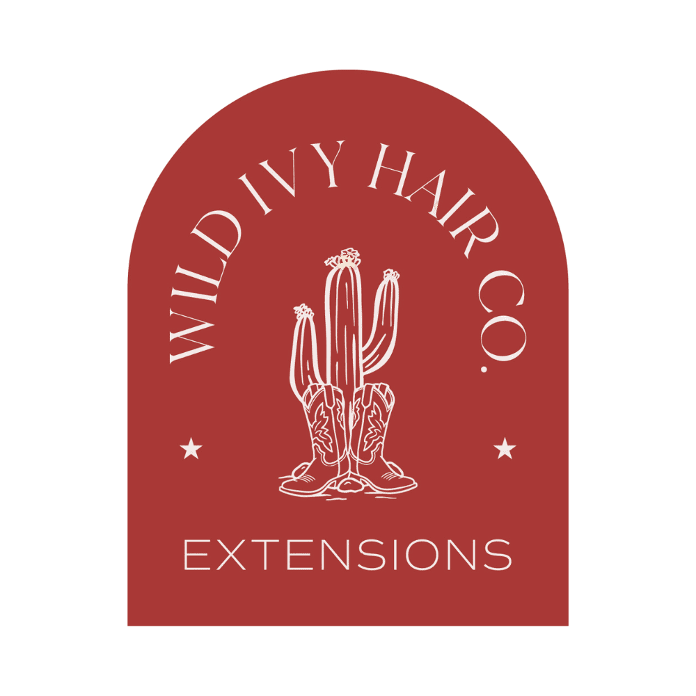 Red sign with "Wild Ivy Hair Co. Extensions" and a cactus illustration.