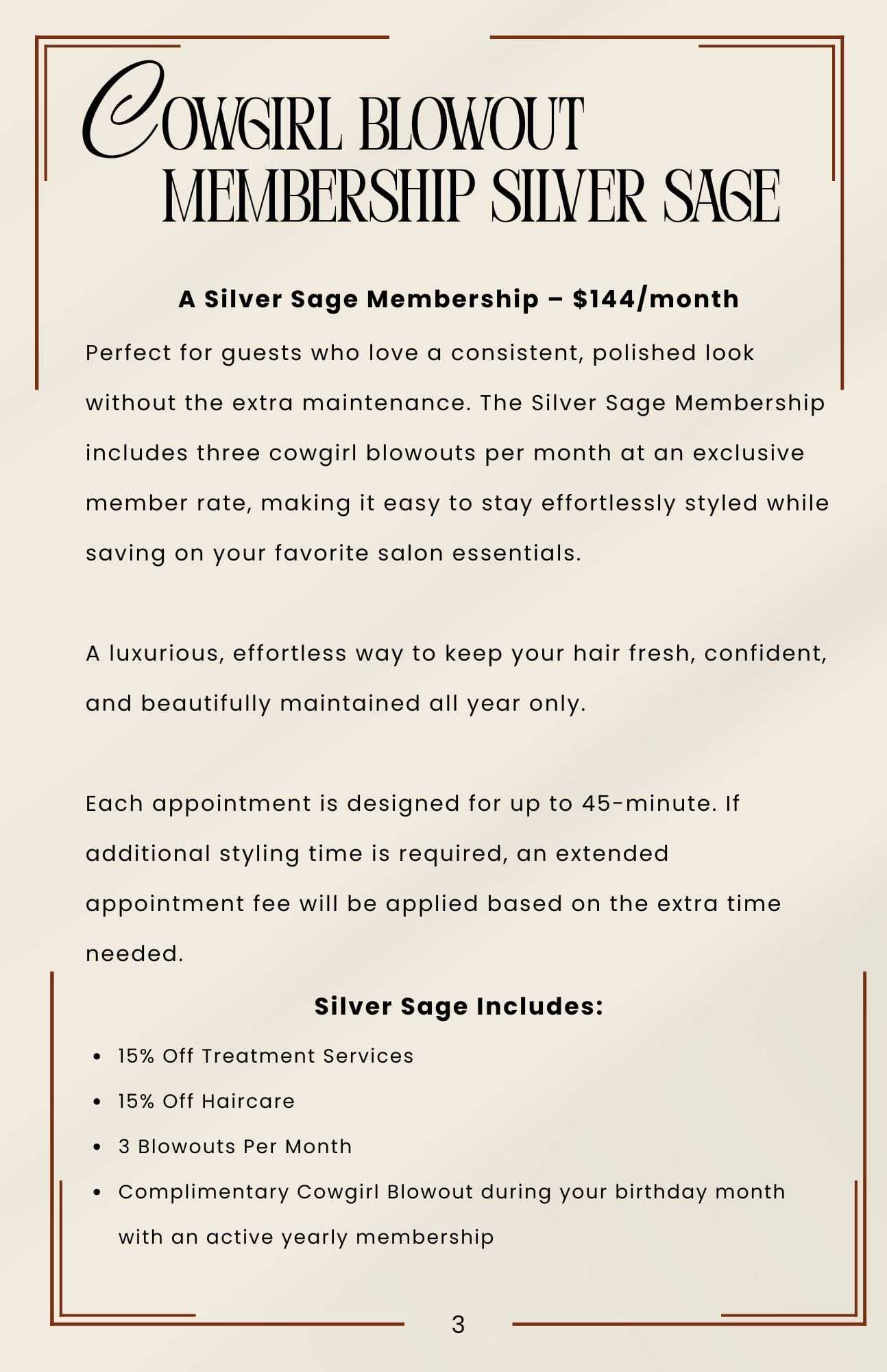 Cowgirl Blowout Membership details: Silver Sage Membership for $144/month. Includes hair care benefits.