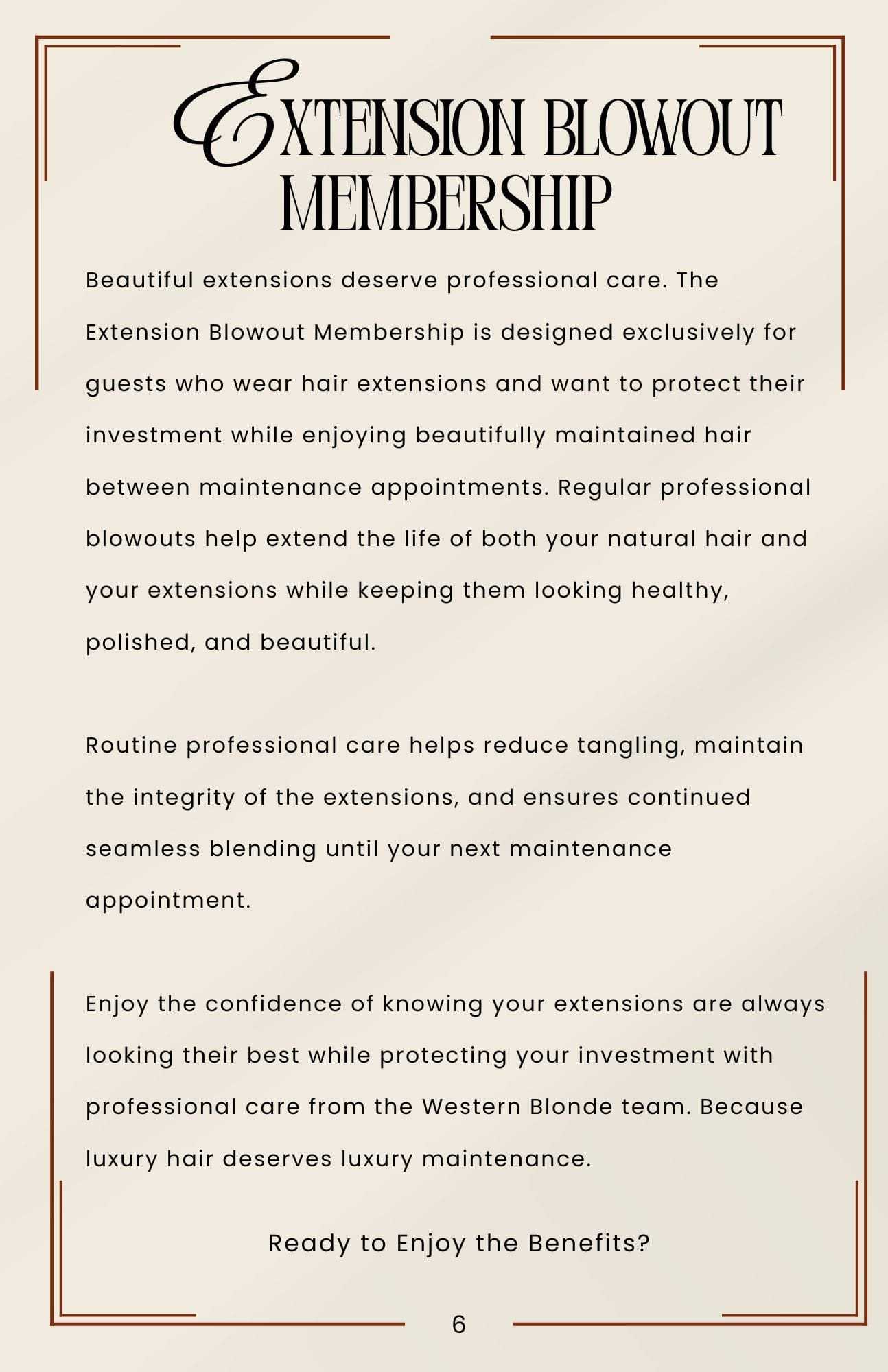 Elegant flyer promoting an exclusive membership for professional hair extension care.