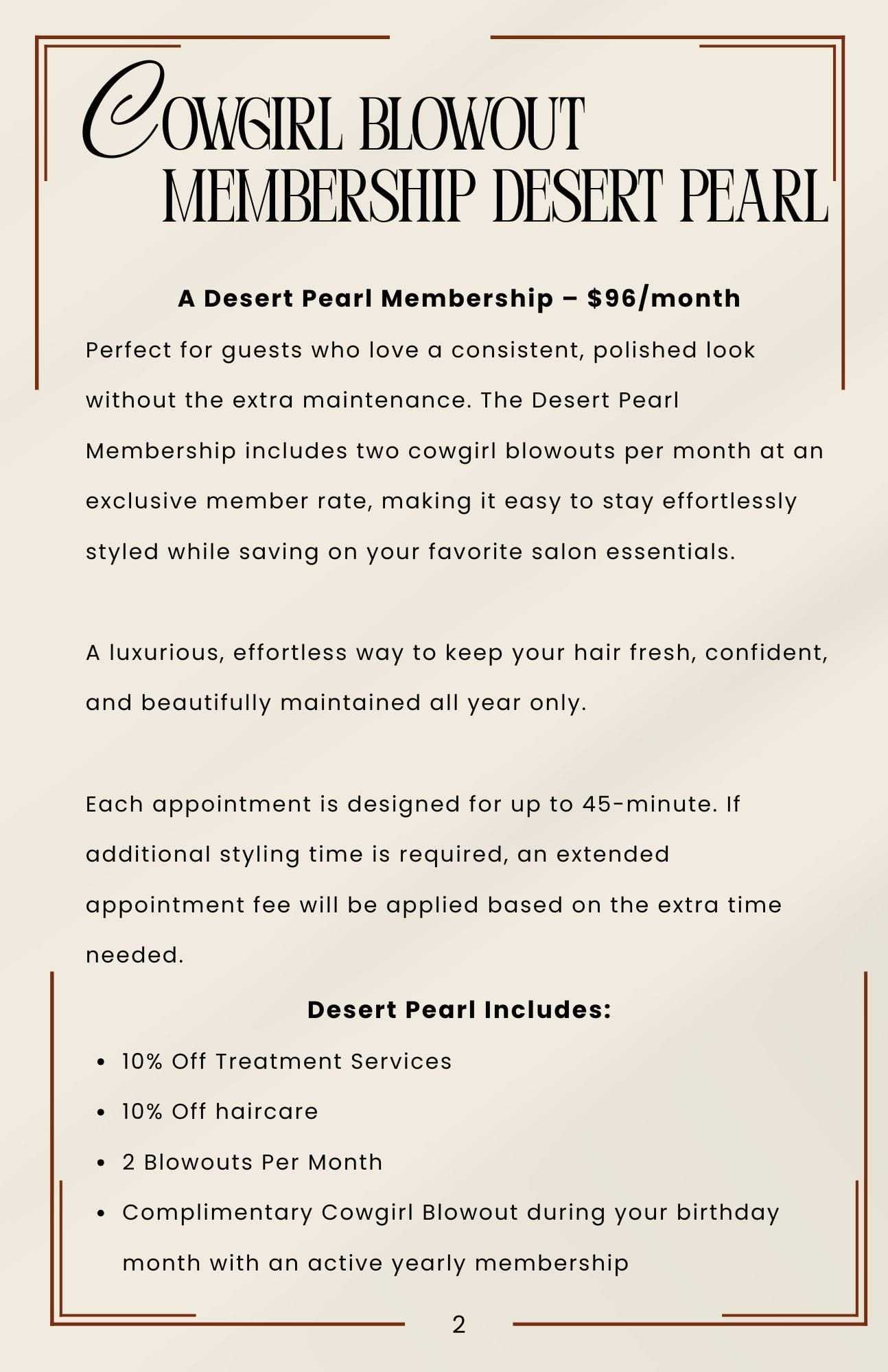 Cowgirl Blowout membership benefits: 10% off services, 2 blowouts monthly, special birthday offer.